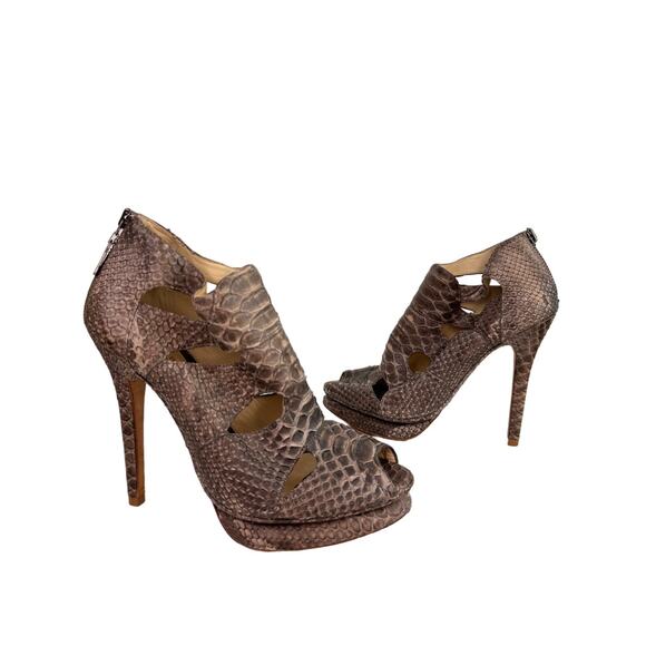 Alexandre Birman Women Pumps 9 Brown Python Skin Peep Toe Back Zip Stiletto Heel - Picture 1 of 7